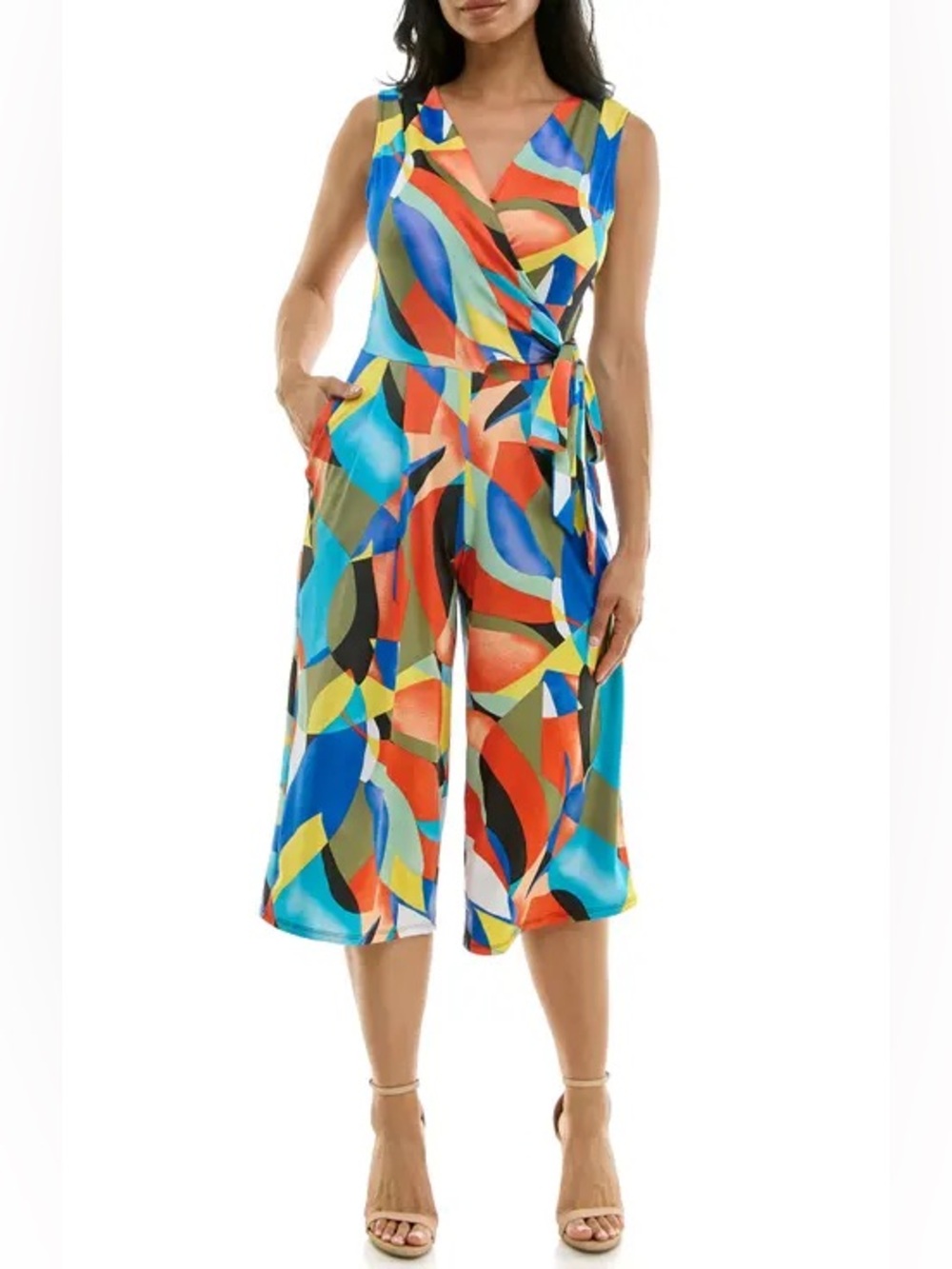 Nina Leonard Sleeveless Wrap Culotte Jumpsuit Multicolor Abstract Size XL